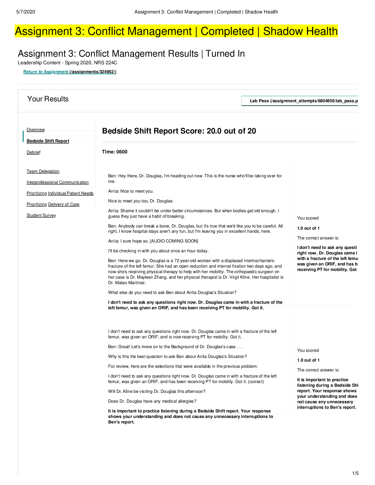 Preview image for Shadow health-Conflict Management Completed Bedside Shift Report-Assignment 3